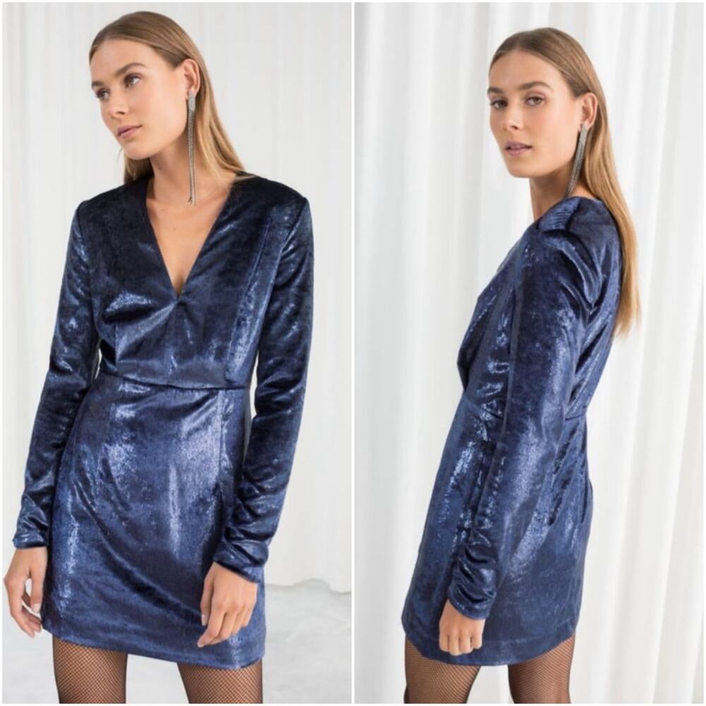 & Other Stories Shimmer Velvet Mini Long Sleeve Dress Blue 0